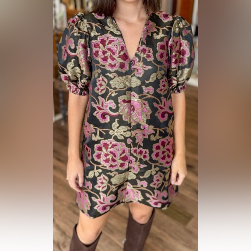 THML Black Dress with Floral Metallic Brocade Design